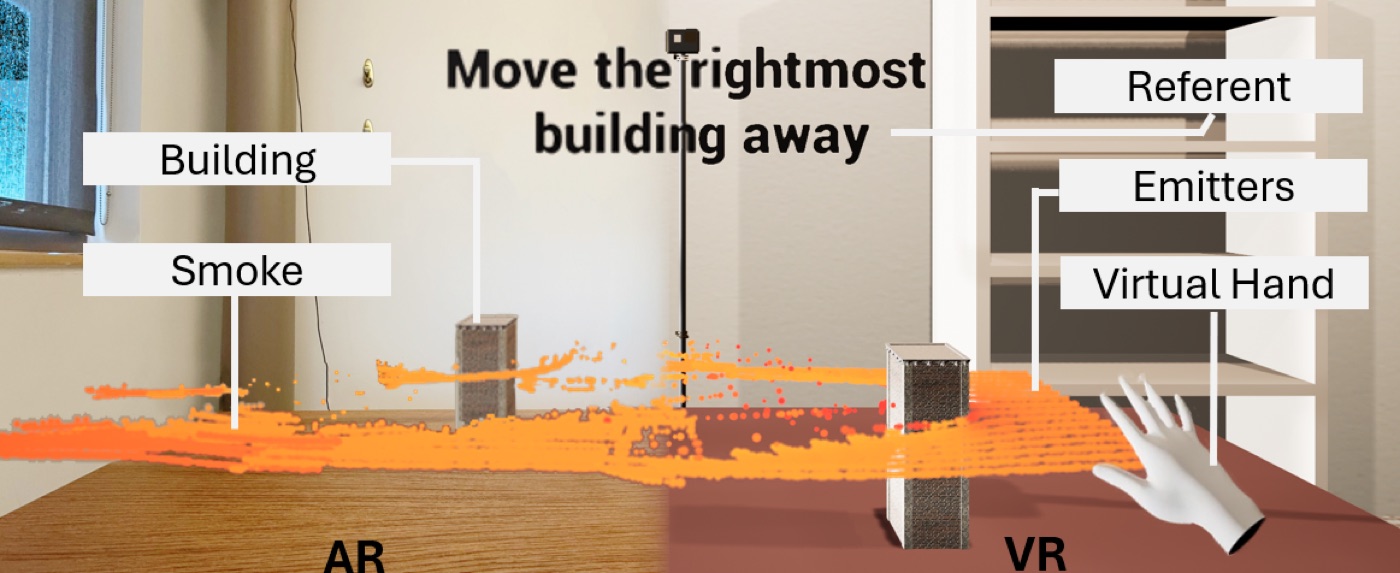 The participant's view during the study, split down the middle. The left half is the AR condition, showing the real lab room through video passthrough with a virtual building, orange smoke, and emitters on the real desk. The right half is the VR condition, showing a modeled version of the same room with the same building and smoke, plus a white virtual hand. The referent text 'Move the rightmost building away' floats above the scene.