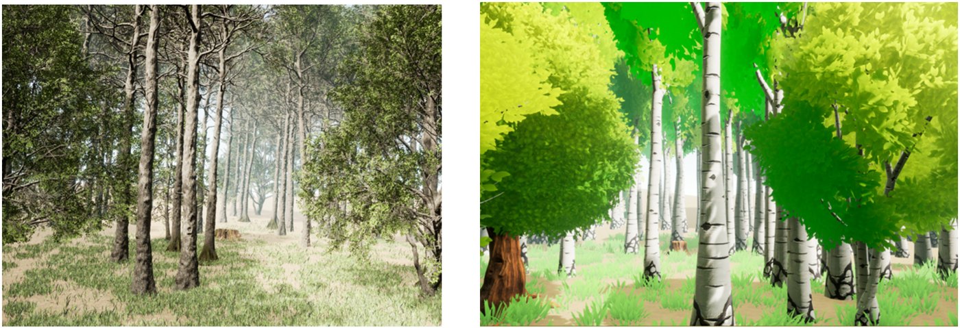 Two virtual forest scenes side by side. On the left, a photorealistic aspen grove with detailed bark, sparse leaves, haze in the distance, and thin grass on the forest floor. On the right, the same grove rendered in a stylized low-realism style with flat bright green and yellow foliage, simplified white trunks with black markings, and saturated green grass.