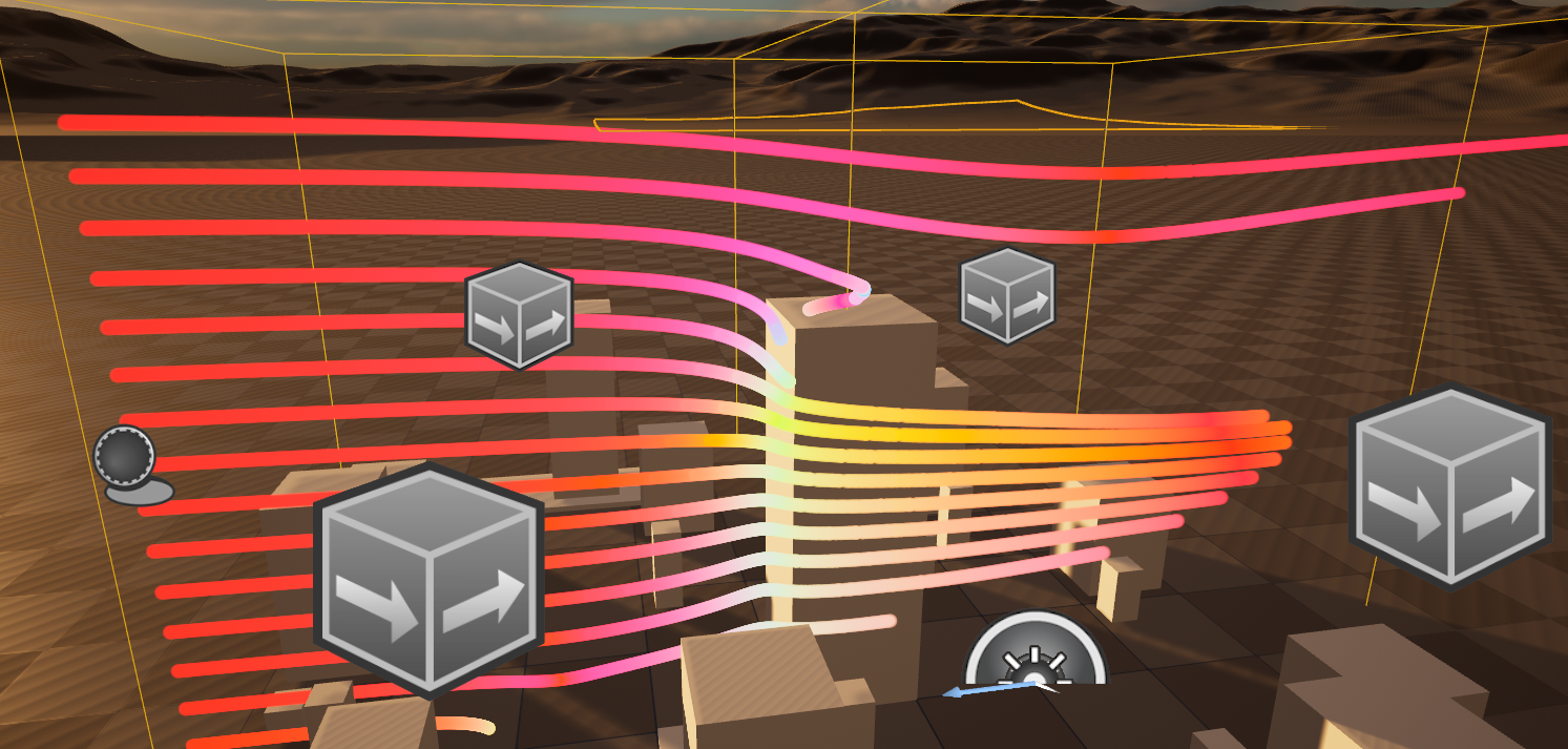 A virtual-reality visualization of invisible physics: colored streamlines showing wind flowing over desert terrain, with interactive cube widgets along the flow.